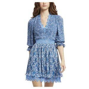 Alice + Olivia Blue Floral Pleated Jonna Fit & Flare Dress, Size 4